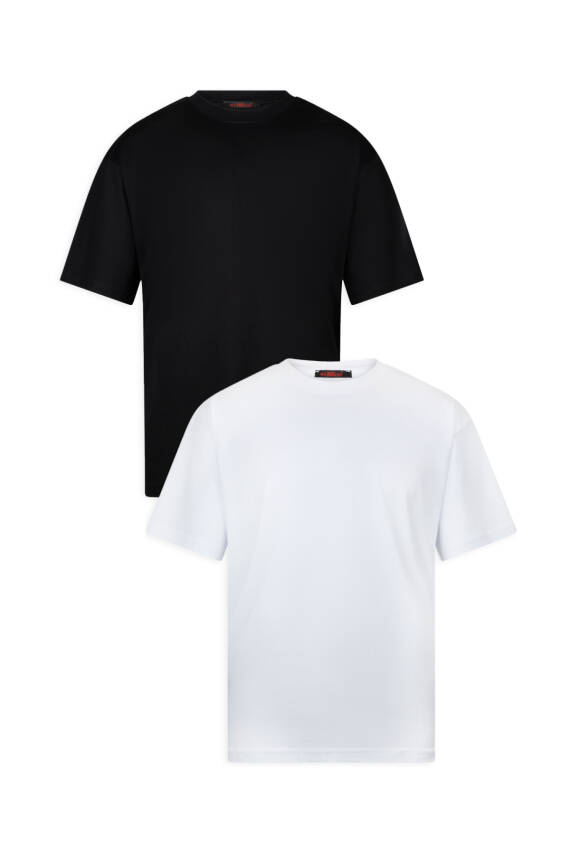 2LÜ SİYAH, GRİ OVERSİZE MASSİMO KALIN TOK BASİC T-SHİRT - 2
