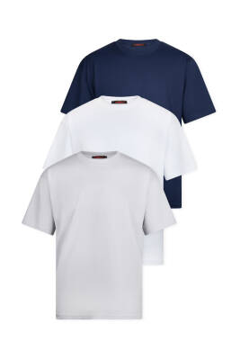3lü Oversize Massimo Kalın Tok Basic T-Shirt - Beyaz - Lacivert - Gri - 8