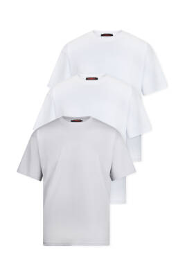 3lü Oversize Massimo Kalın Tok Basic T-Shirt - Beyaz - Lacivert - Gri - 7
