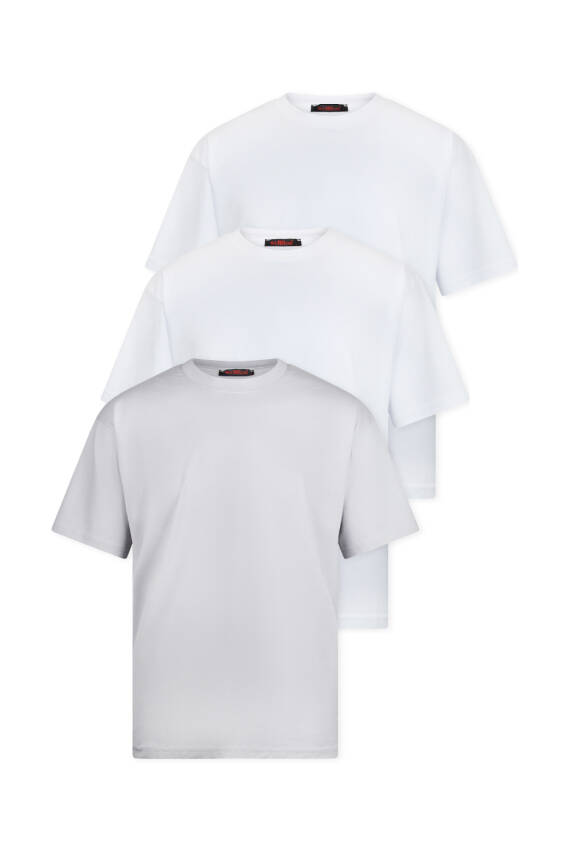 3lü Oversize Massimo Kalın Tok Basic T-Shirt - Beyaz - Lacivert - Gri - 7