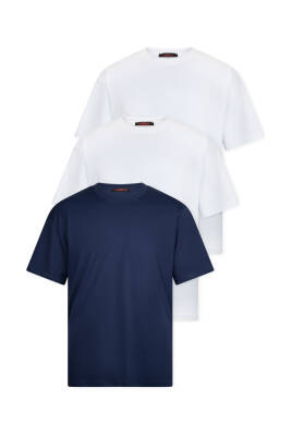 3lü Oversize Massimo Kalın Tok Basic T-Shirt - Beyaz - Lacivert - Gri - 6