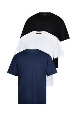 3lü Oversize Massimo Kalın Tok Basic T-Shirt - Beyaz - Lacivert - Gri - 4