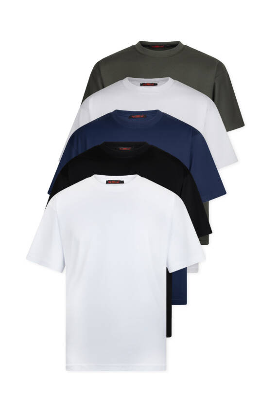 5li Oversize Massimo Kalın Tok Basic T-Shirt - Beyaz - Beyaz - Siyah - Siyah - Gri - 1