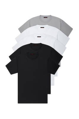 5li Slim Basic T-Shirt - Beyaz - Beyaz - Siyah - Siyah - Gri - 2