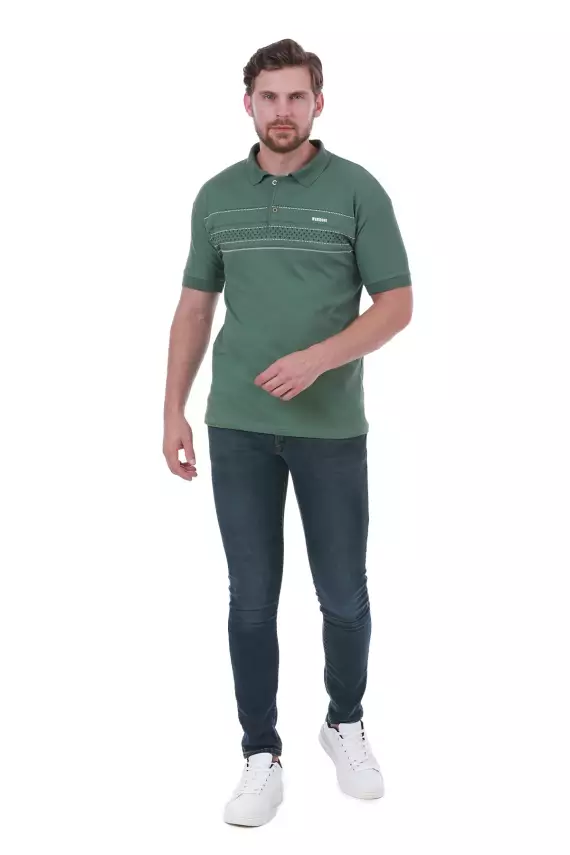 Erkek Slim Fit Polo Yaka Göğüs Baskı Detaylı Yeşil Renk T-Shirt - 19