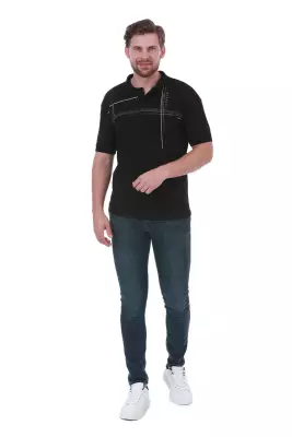 Erkek Slim Fit Polo Yaka Omuz Baskı Detaylı T-Shirt - 4