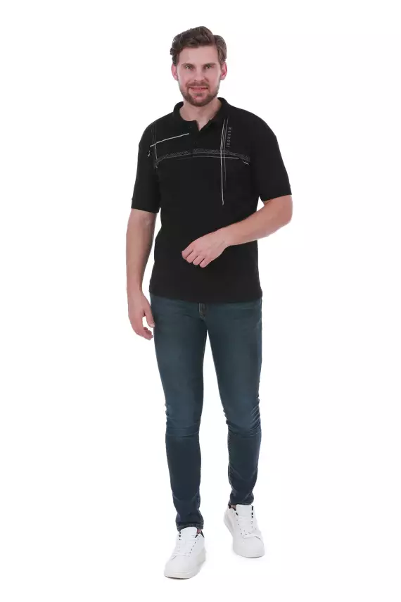 Erkek Slim Fit Polo Yaka Omuz Baskı Detaylı T-Shirt - 4